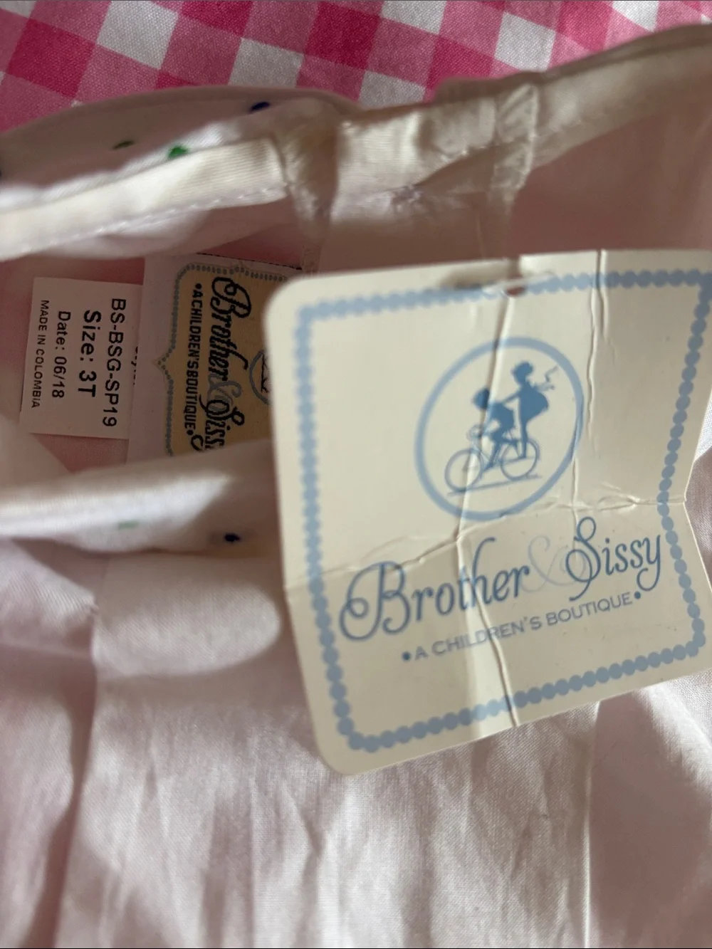 Brother & Sissy 3T White Two-Piece Set with Blue & Green Dot Trim and bloomers.